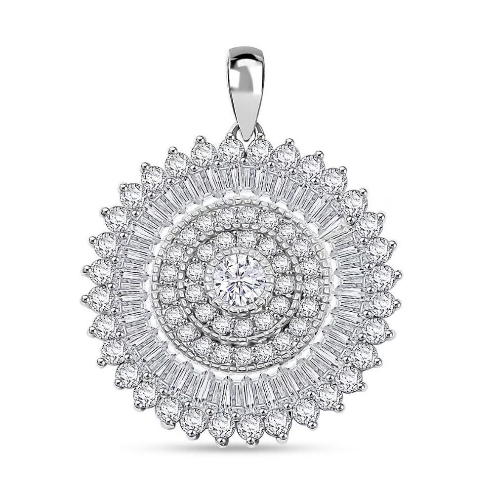 NEW Simulated Diamond 1.35 ctw Round Floral Pendant Rhodium Over Silver